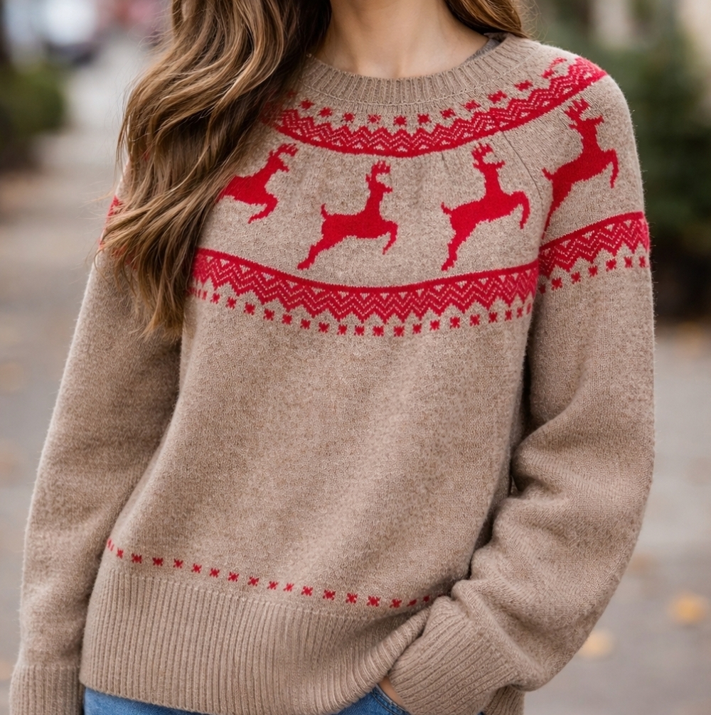 Vince Camuto Sweater Tan Red Reindeer Fair Isle Stretch Sz XL  Academia Holiday